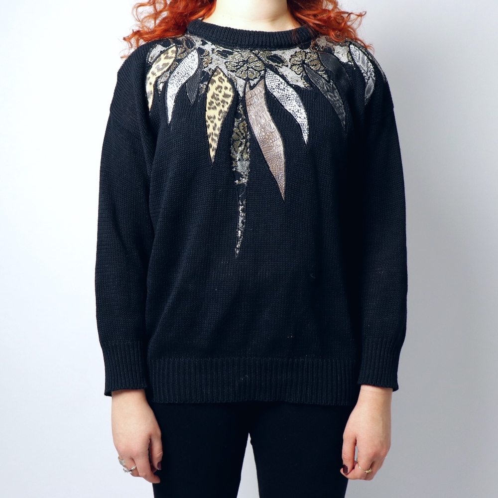 1980s Vintage Textured Animal Print Lace Sweater